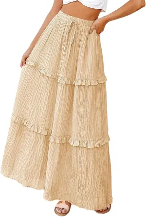 Womens Boho Floral Wrap Maxi Skirt High Waist Pleated A-Line Flowy Swing Line Maxi Long Skirt Beach Skirts