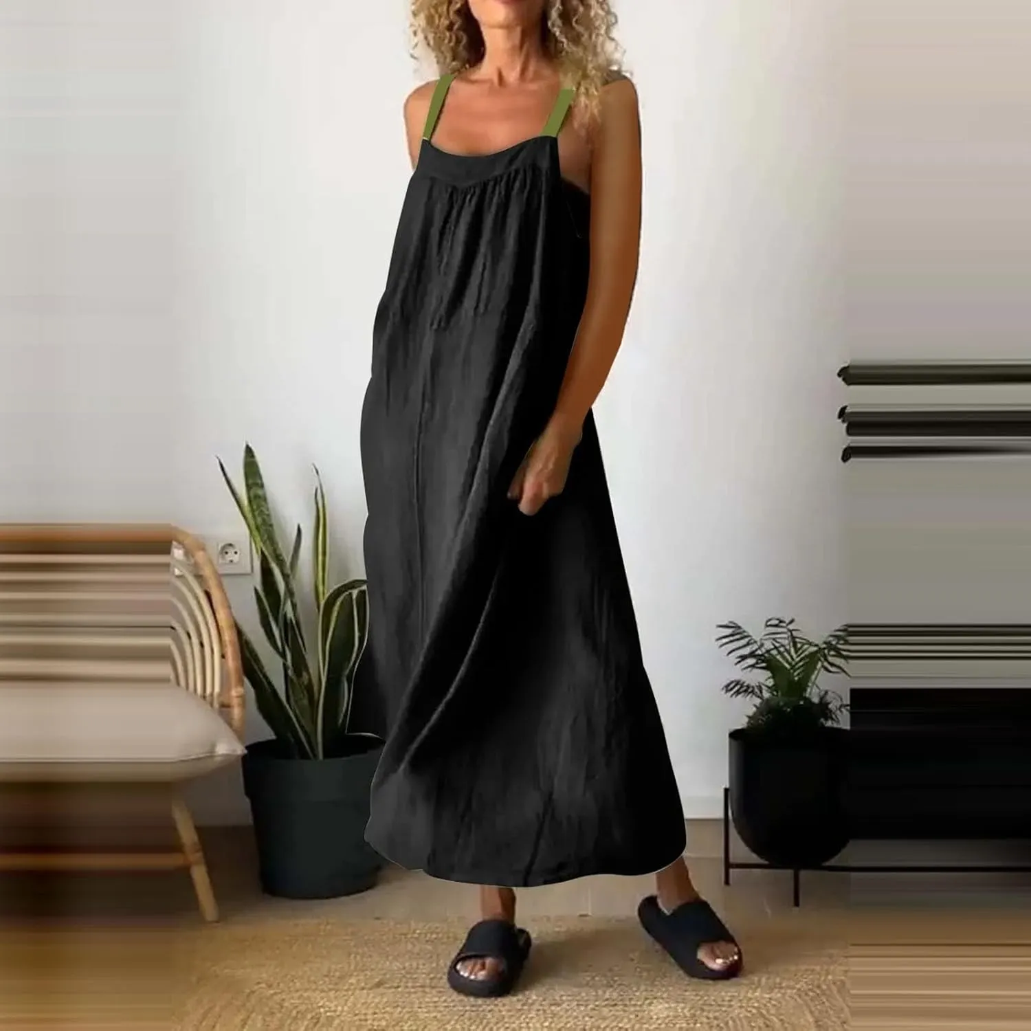 Womens Boho Maxi Dress Summer Sleeveless Cotton Linen Overall Dress Sexy Elegant Spaghetti Strap Beach Party Sundress