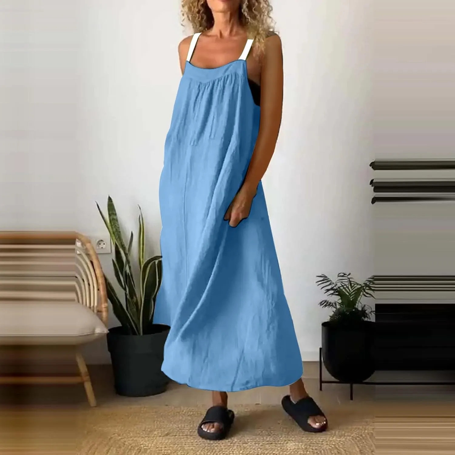 Womens Boho Maxi Dress Summer Sleeveless Cotton Linen Overall Dress Sexy Elegant Spaghetti Strap Beach Party Sundress