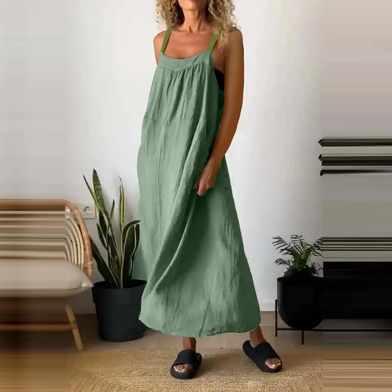 Womens Boho Maxi Dress Summer Sleeveless Cotton Linen Overall Dress Sexy Elegant Spaghetti Strap Beach Party Sundress
