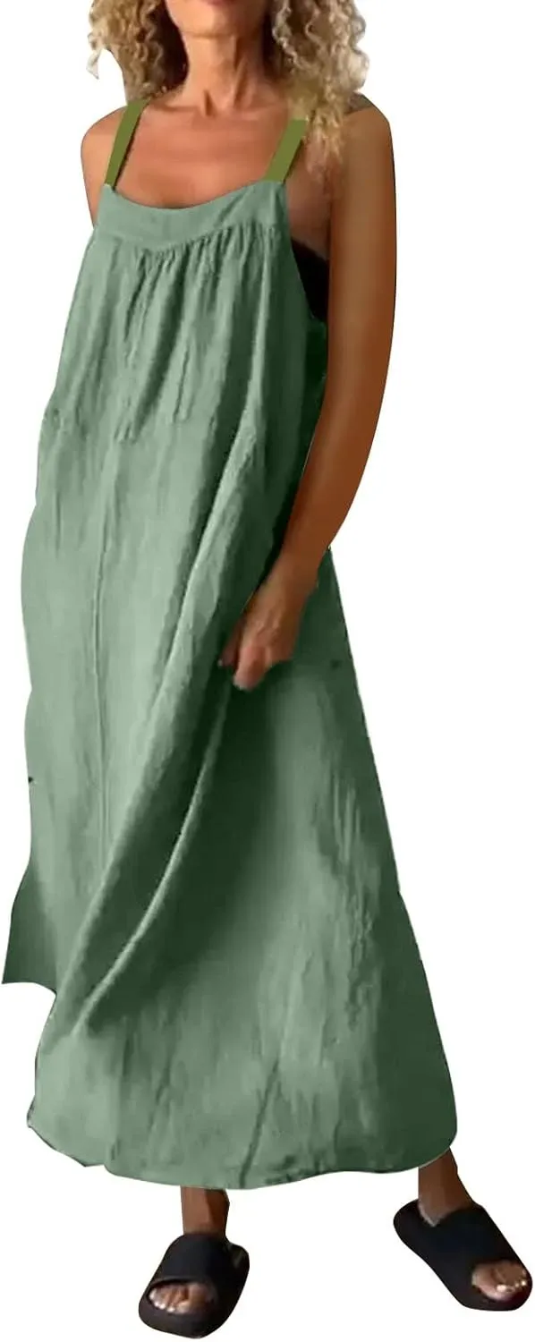 Womens Boho Maxi Dress Summer Sleeveless Cotton Linen Overall Dress Sexy Elegant Spaghetti Strap Beach Party Sundress