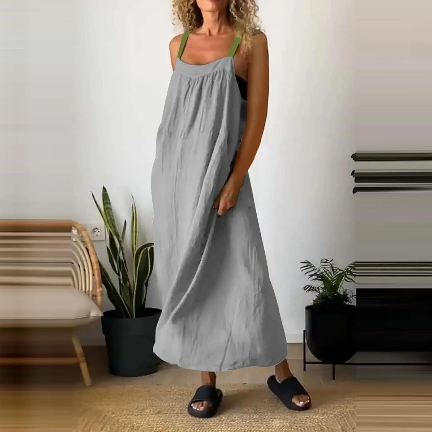 Womens Boho Maxi Dress Summer Sleeveless Cotton Linen Overall Dress Sexy Elegant Spaghetti Strap Beach Party Sundress