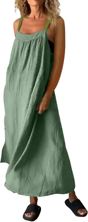 Womens Boho Maxi Dress Summer Sleeveless Cotton Linen Overall Dress Sexy Elegant Spaghetti Strap Beach Party Sundress