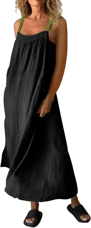 Womens Boho Maxi Dress Summer Sleeveless Cotton Linen Overall Dress Sexy Elegant Spaghetti Strap Beach Party Sundress