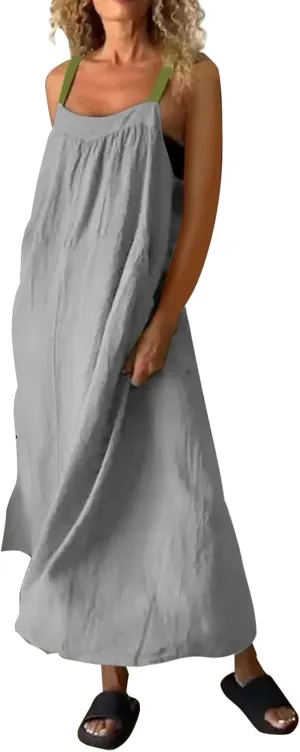 Womens Boho Maxi Dress Summer Sleeveless Cotton Linen Overall Dress Sexy Elegant Spaghetti Strap Beach Party Sundress