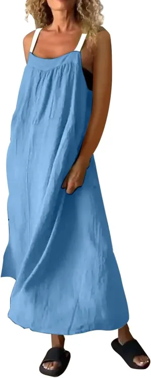 Womens Boho Maxi Dress Summer Sleeveless Cotton Linen Overall Dress Sexy Elegant Spaghetti Strap Beach Party Sundress