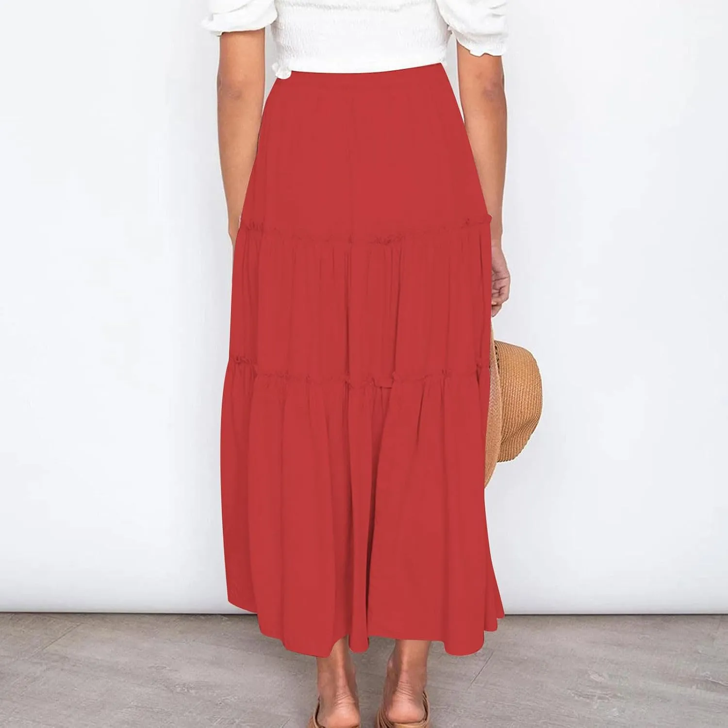 Women's Boho Maxi Skirt Summer Flowy Skirts A Line Pleated Skirts Ruffle Tiered Skirt Drawstring High Waist Skirt
