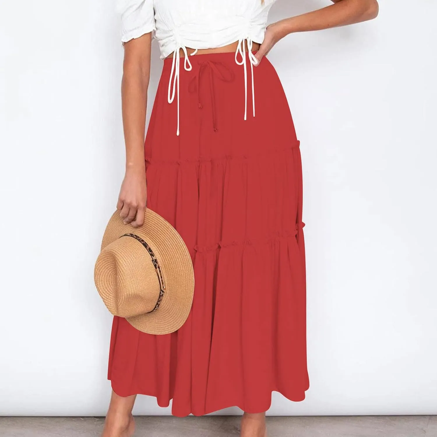 Women's Boho Maxi Skirt Summer Flowy Skirts A Line Pleated Skirts Ruffle Tiered Skirt Drawstring High Waist Skirt