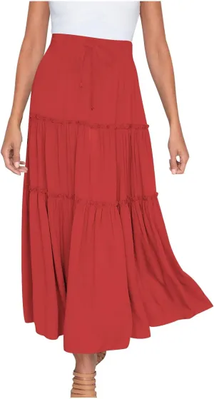 Women's Boho Maxi Skirt Summer Flowy Skirts A Line Pleated Skirts Ruffle Tiered Skirt Drawstring High Waist Skirt