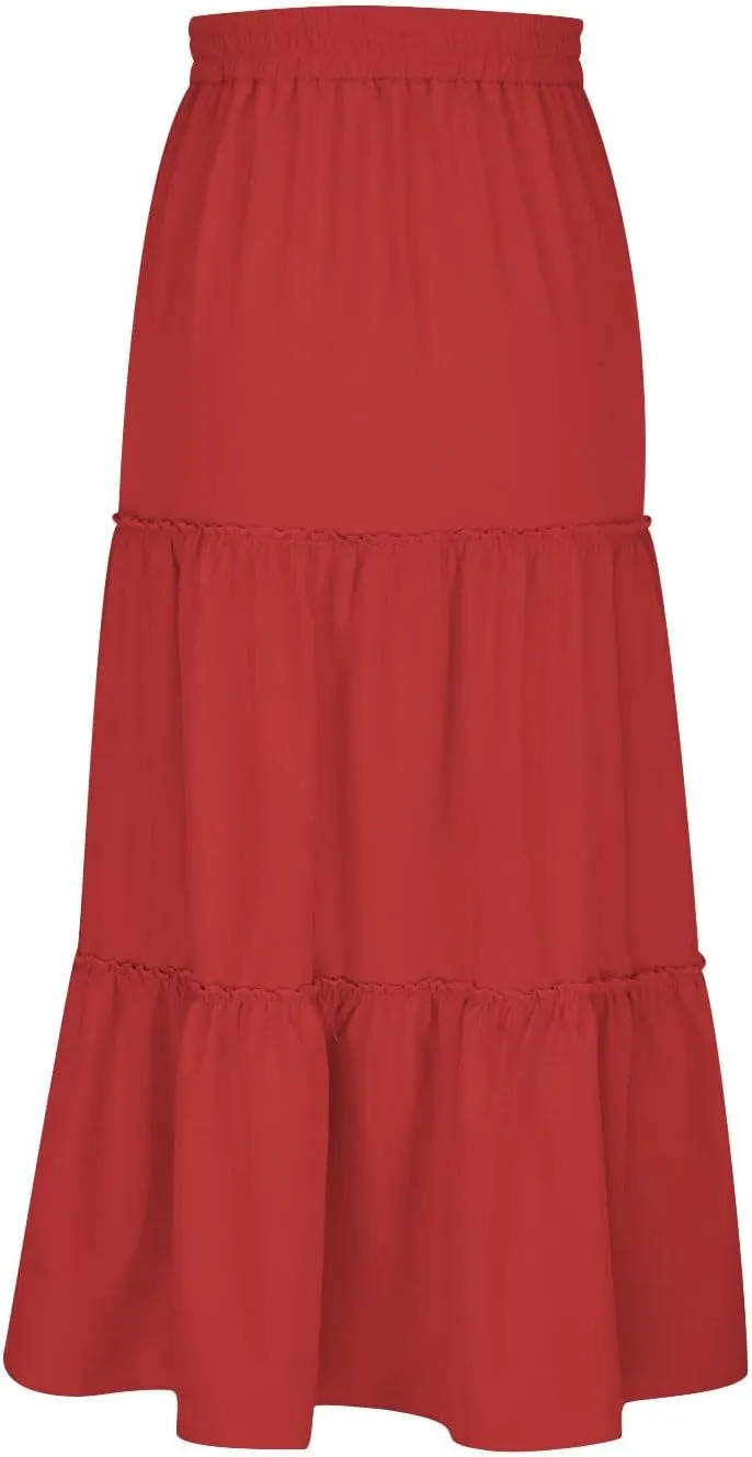 Women's Boho Maxi Skirt Summer Flowy Skirts A Line Pleated Skirts Ruffle Tiered Skirt Drawstring High Waist Skirt