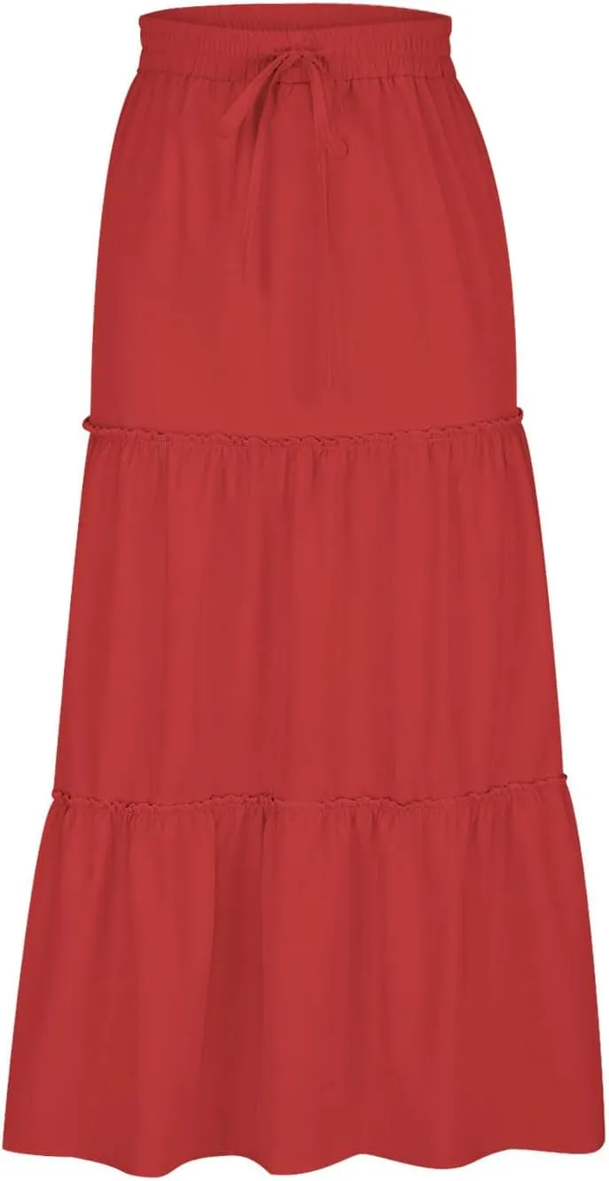 Women's Boho Maxi Skirt Summer Flowy Skirts A Line Pleated Skirts Ruffle Tiered Skirt Drawstring High Waist Skirt