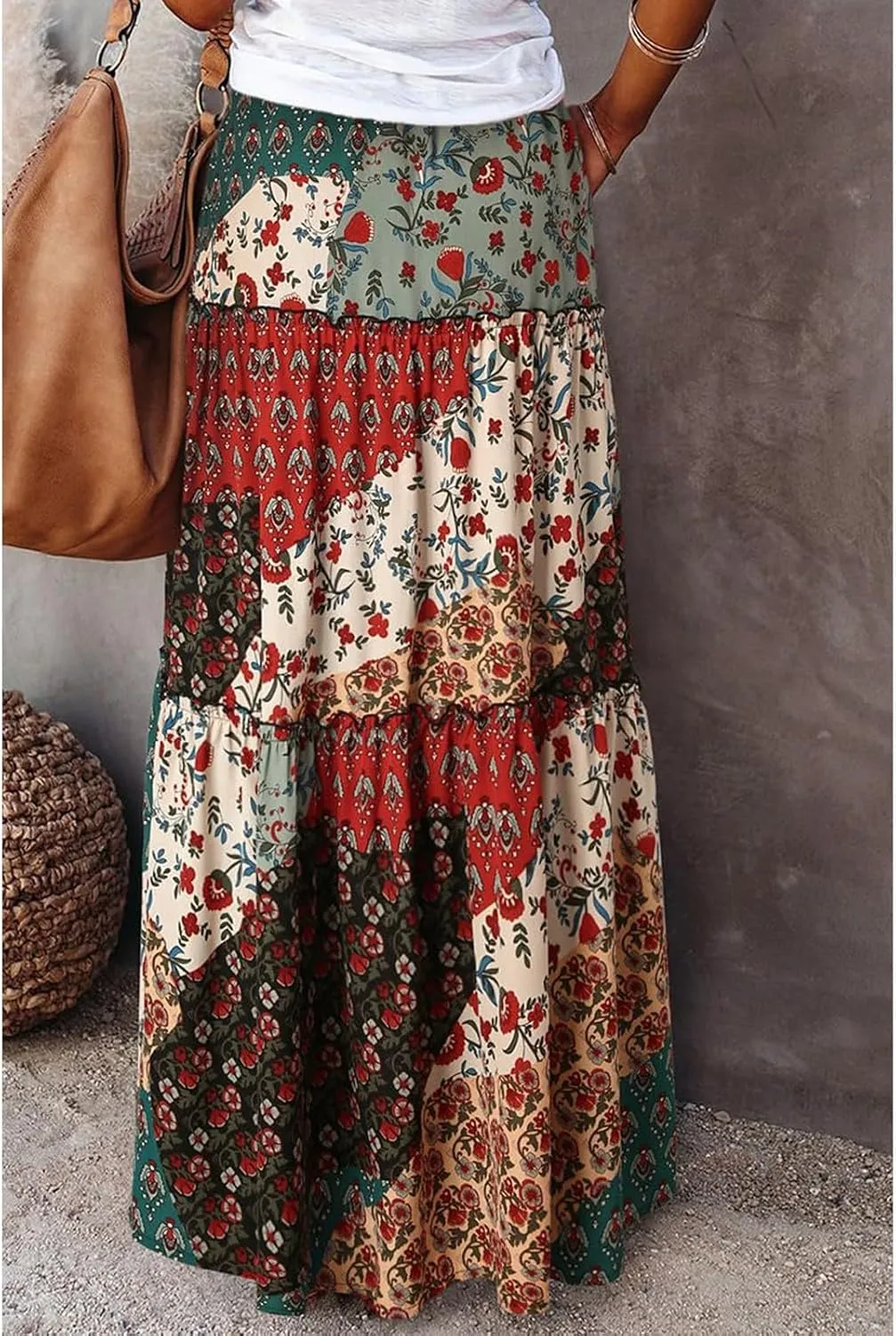 Womens Casual High Waist Tie Paisley Print Long Maxi Skirt with Pockets