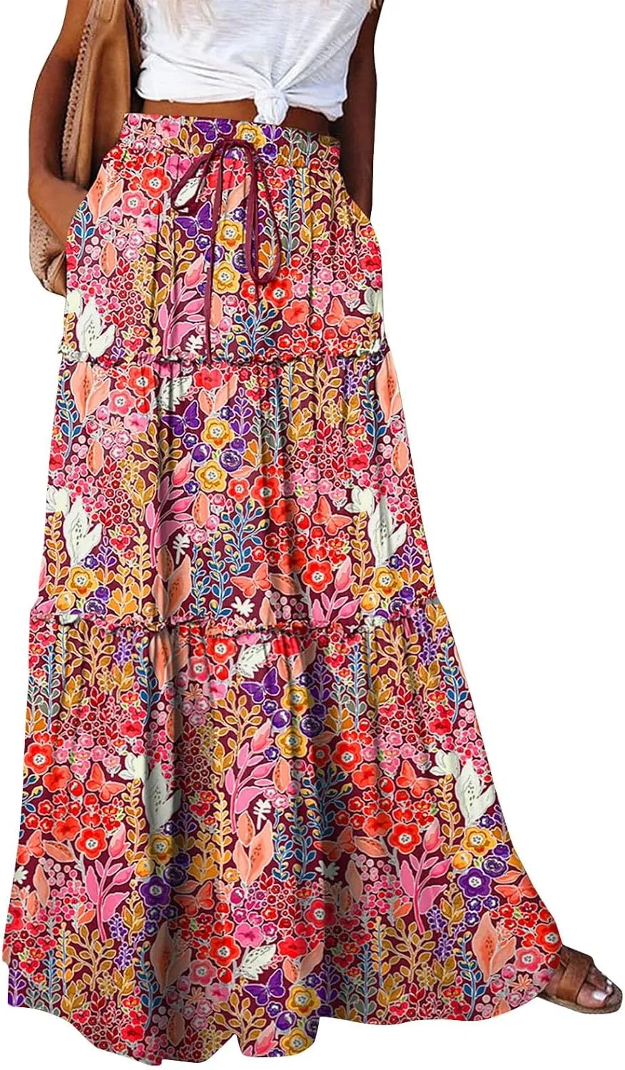 Womens Casual High Waist Tie Paisley Print Long Maxi Skirt with Pockets