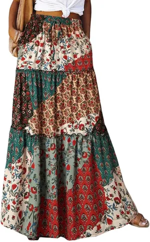 Womens Casual High Waist Tie Paisley Print Long Maxi Skirt with Pockets