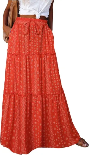 Womens Casual High Waist Tie Paisley Print Long Maxi Skirt with Pockets
