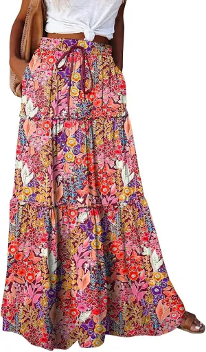 Womens Casual High Waist Tie Paisley Print Long Maxi Skirt with Pockets