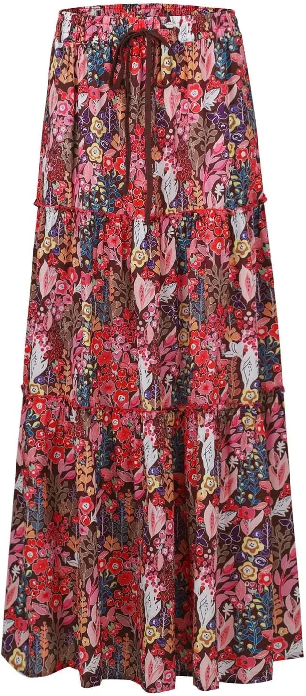 Womens Casual High Waist Tie Paisley Print Long Maxi Skirt with Pockets