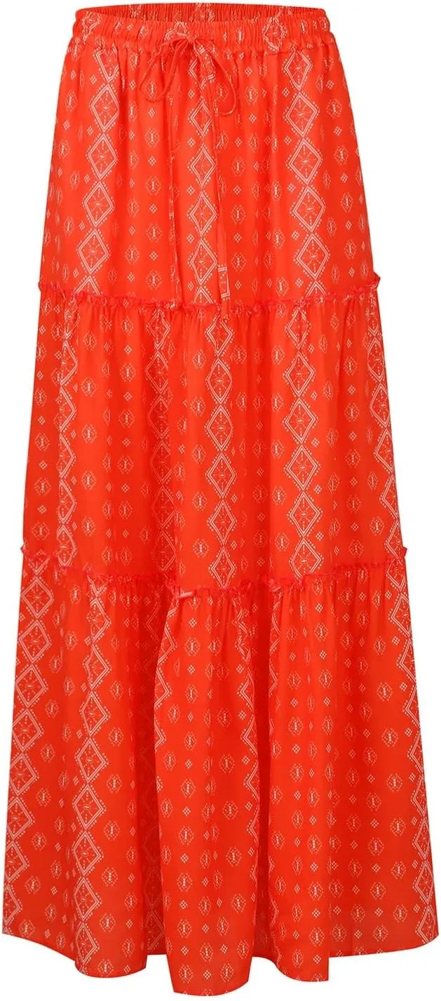Womens Casual High Waist Tie Paisley Print Long Maxi Skirt with Pockets