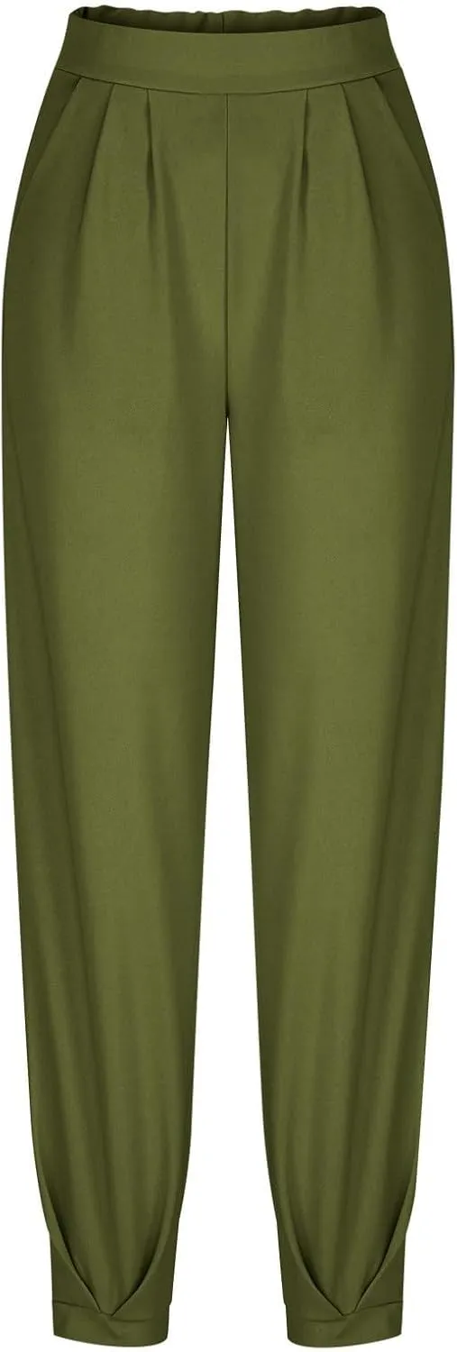 Women's Casual Lantern Tapered Harem Pants Flowy Beach Linen Drawstring Waist Wide Leg Palazzo Pants with Pockets