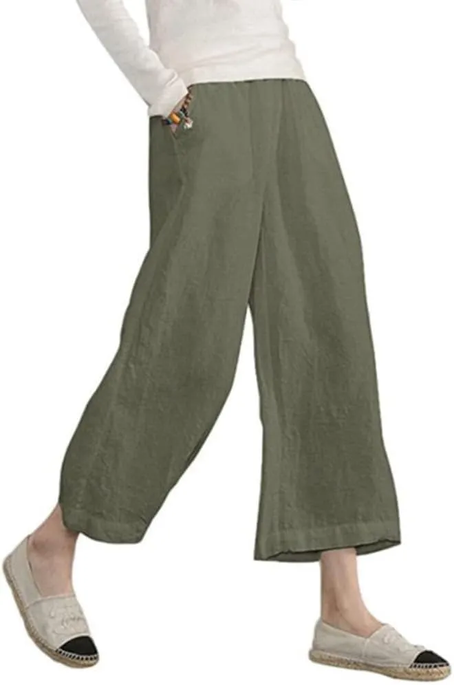 Womens Casual Lightweight Elastic Waist Linen Cotton Trouser Cropped Wide Leg Pants