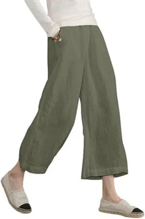 Womens Casual Lightweight Elastic Waist Linen Cotton Trouser Cropped Wide Leg Pants