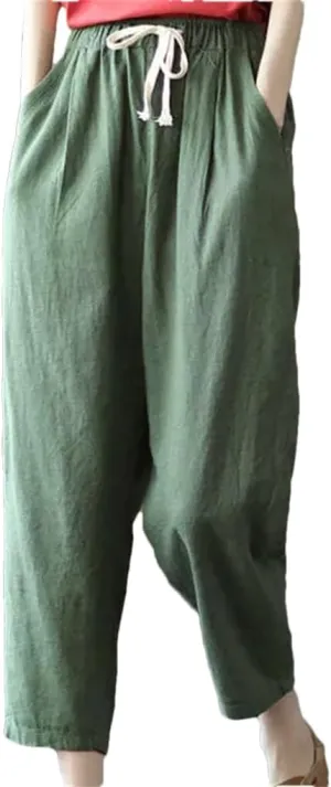 Women's Cotton and Linen Pocket Loose Harem Pants Solid Color Elastic Waist Casual Pants