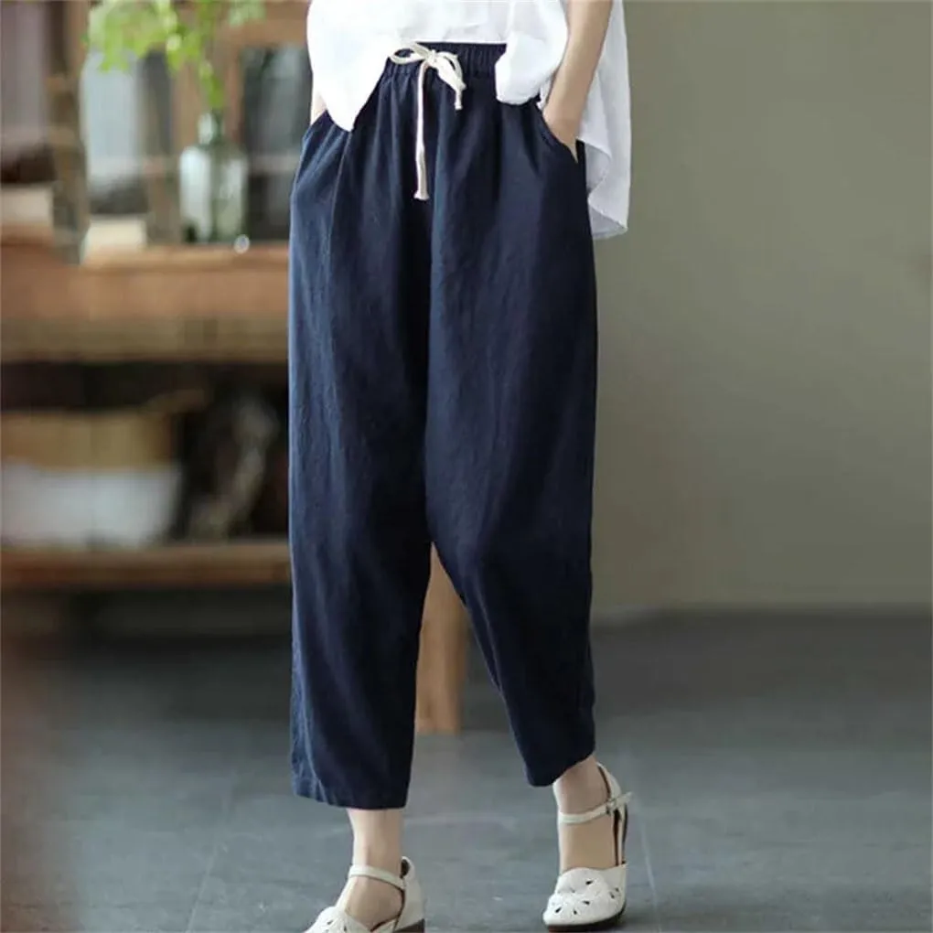 Women's Cotton and Linen Pocket Loose Harem Pants Solid Color Elastic Waist Casual Pants
