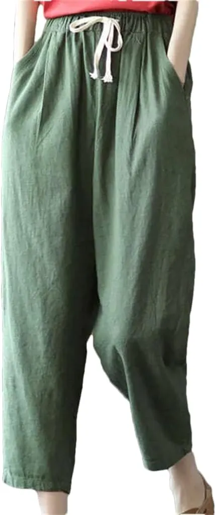 Women's Cotton and Linen Pocket Loose Harem Pants Solid Color Elastic Waist Casual Pants