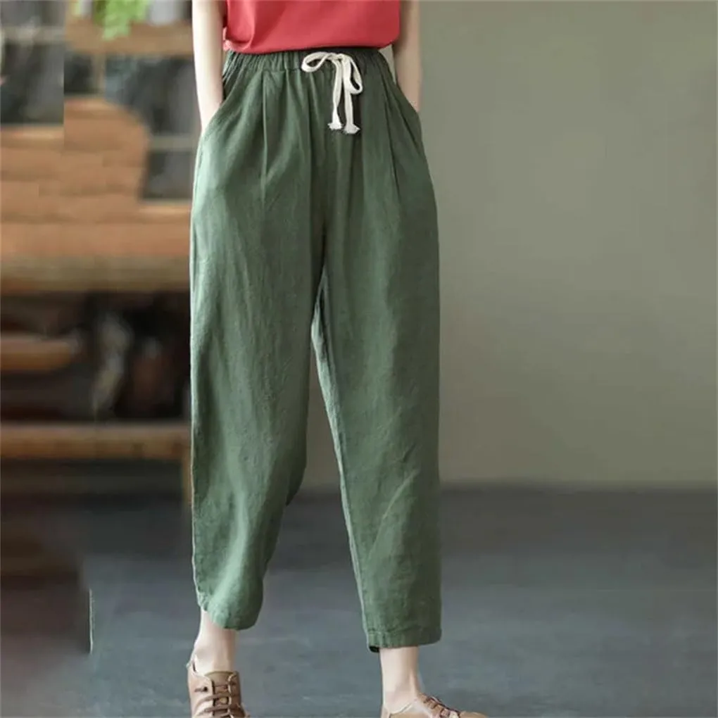 Women's Cotton and Linen Pocket Loose Harem Pants Solid Color Elastic Waist Casual Pants