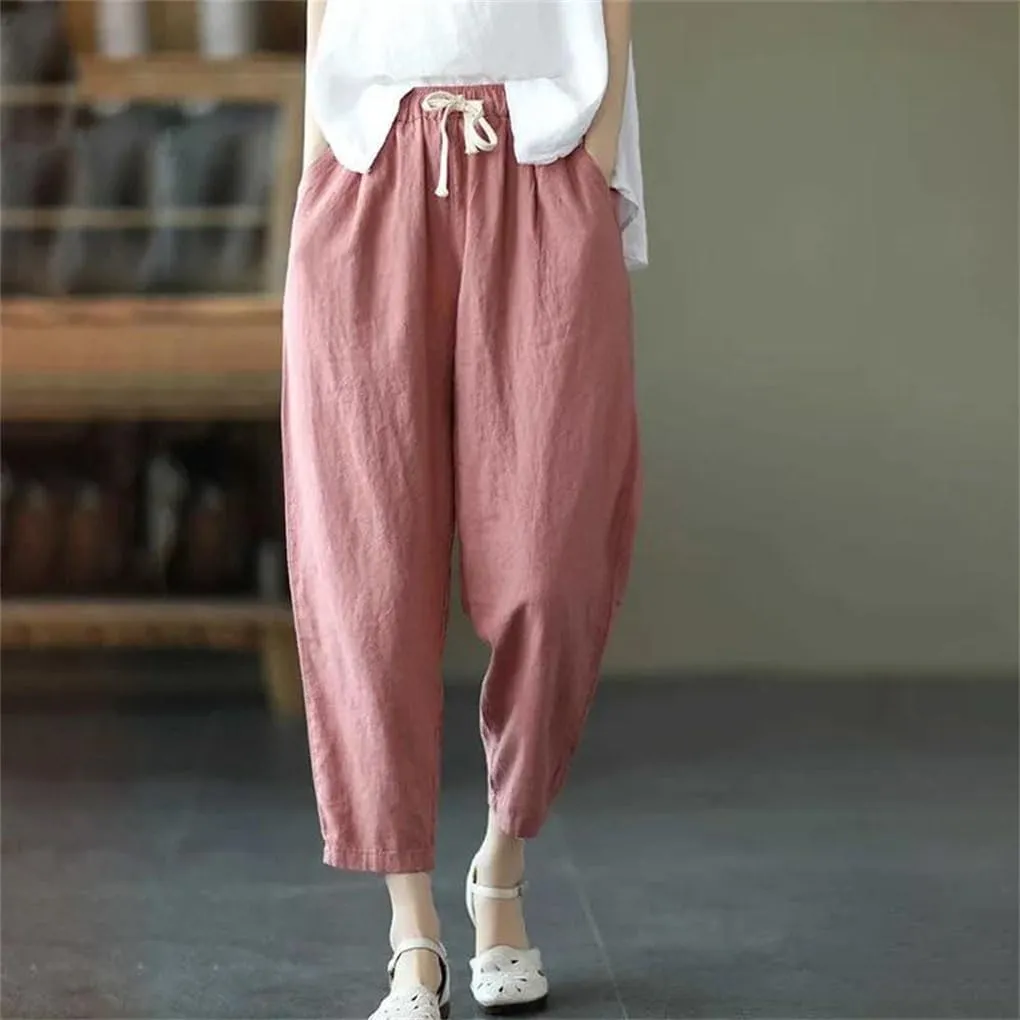 Women's Cotton and Linen Pocket Loose Harem Pants Solid Color Elastic Waist Casual Pants
