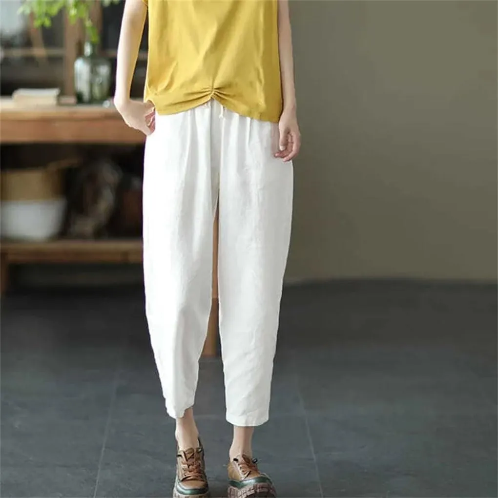 Women's Cotton and Linen Pocket Loose Harem Pants Solid Color Elastic Waist Casual Pants