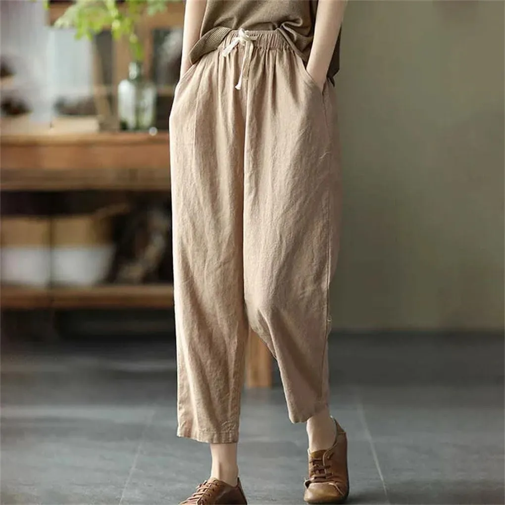 Women's Cotton and Linen Pocket Loose Harem Pants Solid Color Elastic Waist Casual Pants