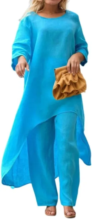 Womens Cotton Linen Oversized Two Piece Set High-Low Long Sleeve Blouse Tshirt and Wide Leg Pants Casual Suit Outfits