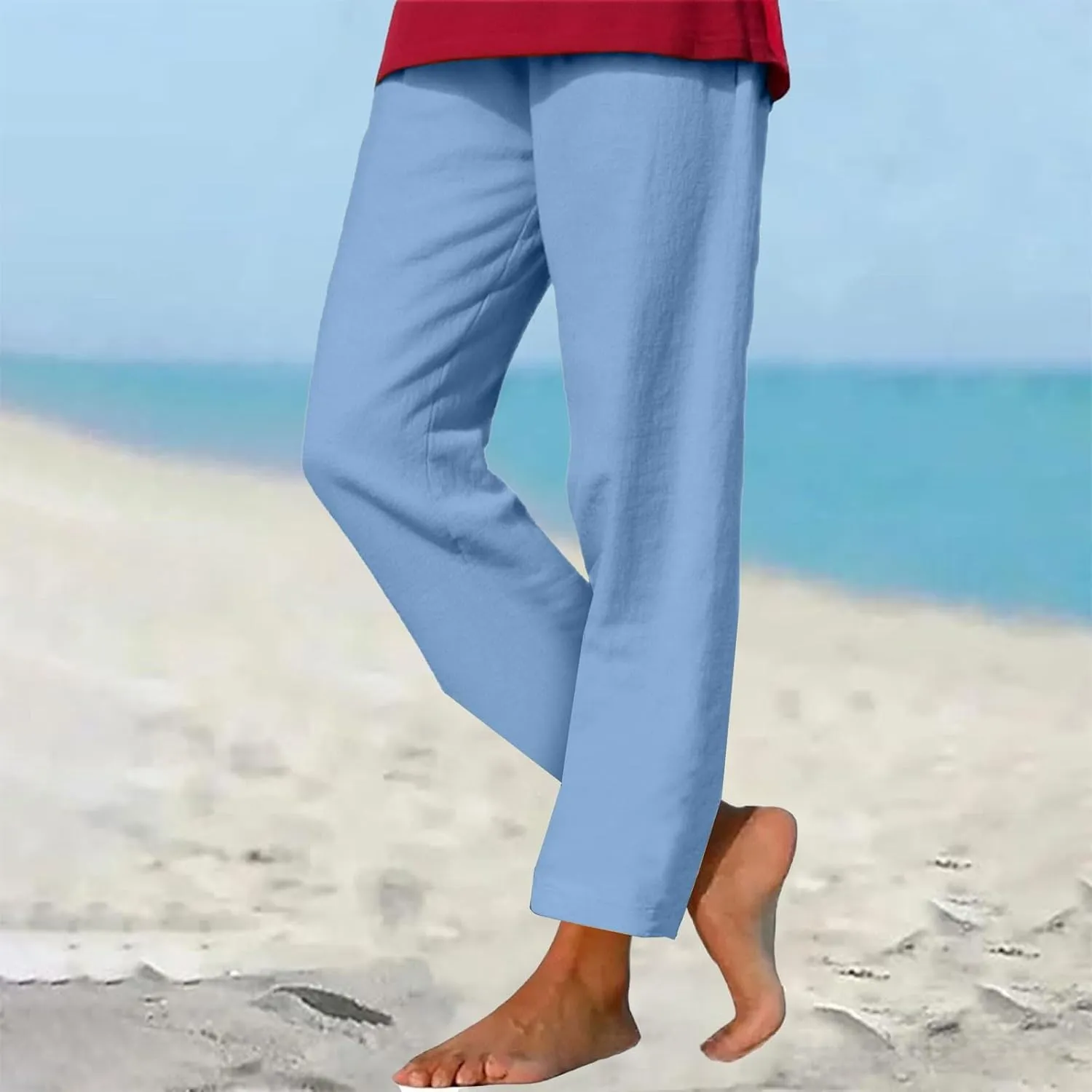 Womens Cotton Linen Pants Casual Summer 2025 Straight Loose High Waisted Drawstring Elastic Pant Beach Daily Trouser