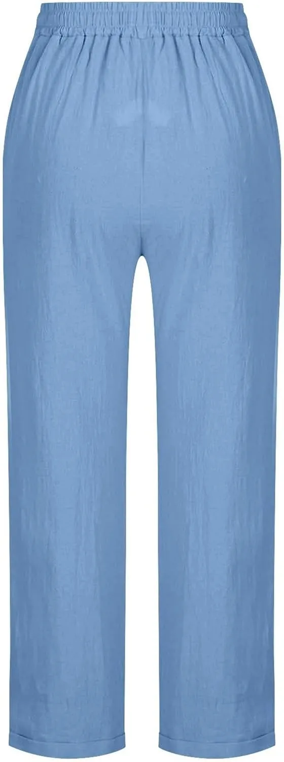 Womens Cotton Linen Pants Casual Summer 2025 Straight Loose High Waisted Drawstring Elastic Pant Beach Daily Trouser