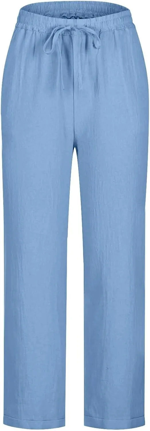 Womens Cotton Linen Pants Casual Summer 2025 Straight Loose High Waisted Drawstring Elastic Pant Beach Daily Trouser