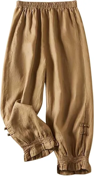 Womens Cotton Linen Pants Vintage Embroidery Elastic Waist Solid Color Casual Pants Ruffle Cropped Trousers Pockets