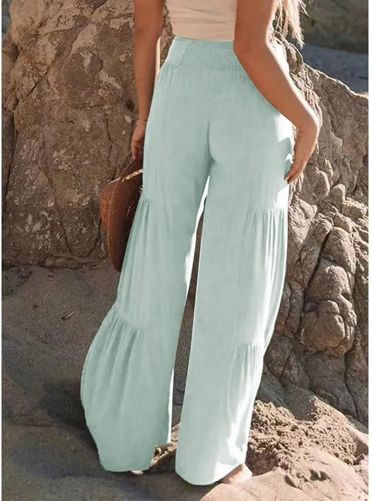 Womens Cotton Linen Wide Leg Flare Pants Fashion Belted High Waisted Layered Smocked Ruffled Solid Lounge Trousers