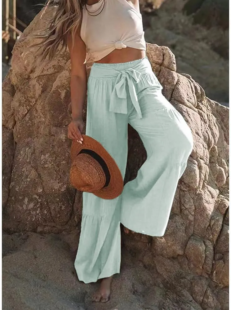Womens Cotton Linen Wide Leg Flare Pants Fashion Belted High Waisted Layered Smocked Ruffled Solid Lounge Trousers