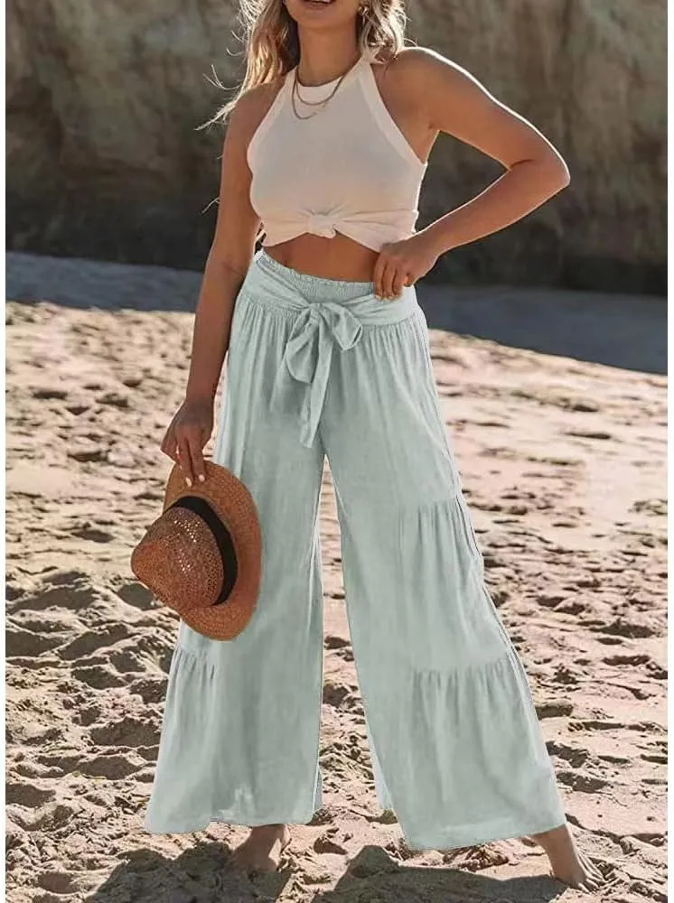 Womens Cotton Linen Wide Leg Flare Pants Fashion Belted High Waisted Layered Smocked Ruffled Solid Lounge Trousers