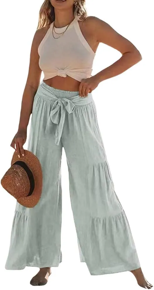 Womens Cotton Linen Wide Leg Flare Pants Fashion Belted High Waisted Layered Smocked Ruffled Solid Lounge Trousers