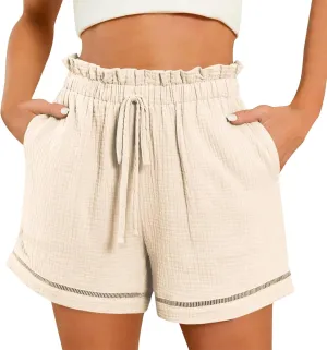 Womens Cotton Shorts Elastic High Waisted Loose Fit Casual Paper Bag Shorts with Pockets Comfy Beach Summer Short Pants 2024