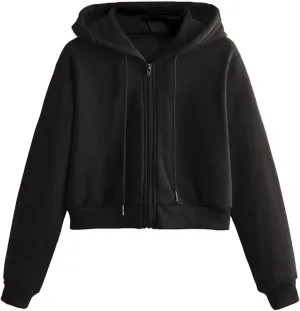 Women's Cropped Hoodie Long Sleeve Plain Lightweight Zip Up Hooded Sweatshirts Outwear Teens Tops with Pockets