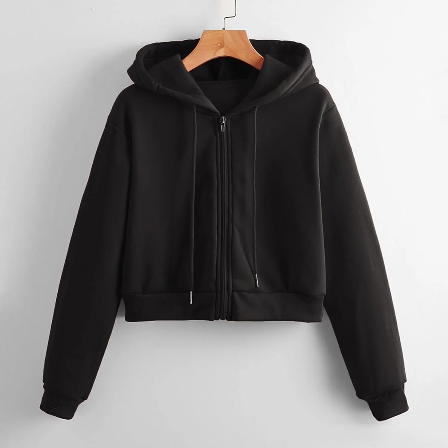 Women's Cropped Hoodie Long Sleeve Plain Lightweight Zip Up Hooded Sweatshirts Outwear Teens Tops with Pockets