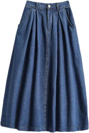 Women's Denim Midi Skirt Summer High Waist Casual Vintage Pleated Skirt