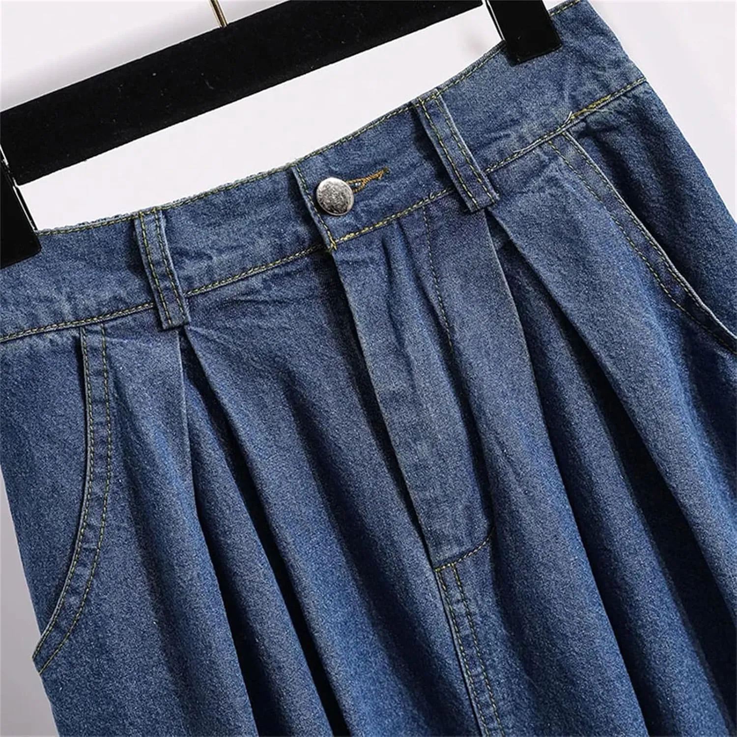 Women's Denim Midi Skirt Summer High Waist Casual Vintage Pleated Skirt