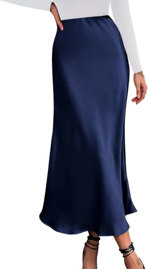 Womens Elegant Satin Skirts Casual A Line Midi Skirt Summer Spring High Waist Cocktail Party Wedding Long Skirt