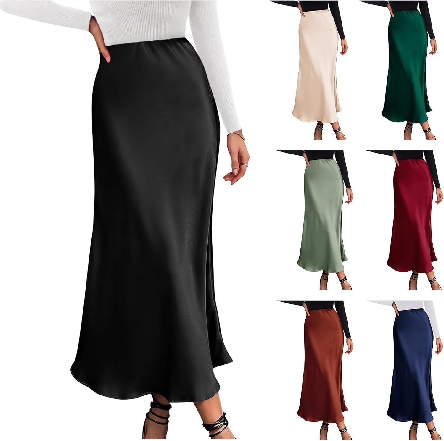 Womens Elegant Satin Skirts Casual A Line Midi Skirt Summer Spring High Waist Cocktail Party Wedding Long Skirt