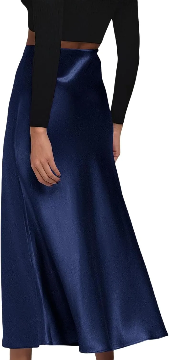 Womens Elegant Satin Skirts Casual A Line Midi Skirt Summer Spring High Waist Cocktail Party Wedding Long Skirt