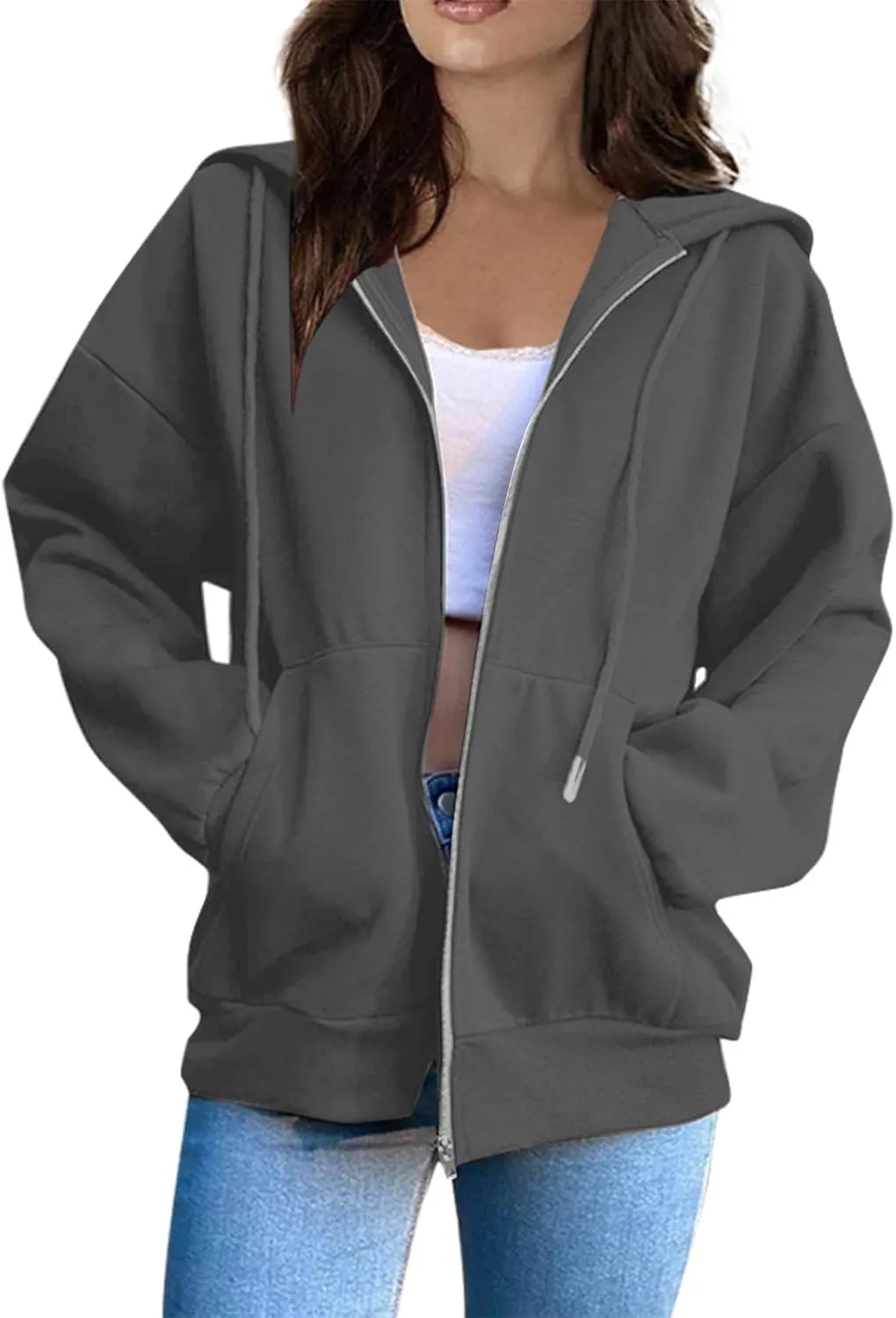 Womens Fashion Hoodies Zipper Oversized Loose Fit Long Sleeve Solid Jackets Soft Sweatshirts
